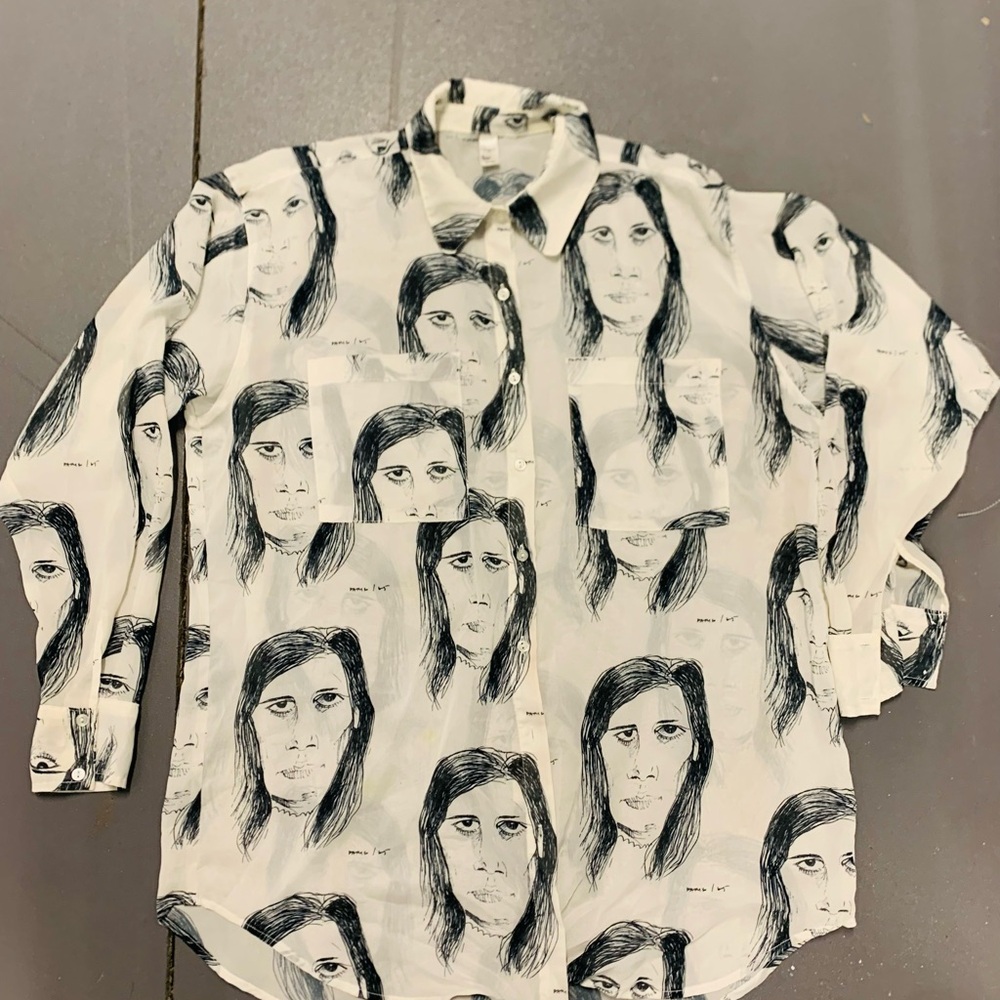 American Apparel White Button-Up Shirt with Black Face Sketch Print